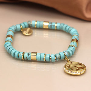 Turquoise and Gold Mix Bracelet with Golden Crystal Star Disc