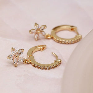 Faux Gold Plated Crystal Hoop and Flower Drop Earrings