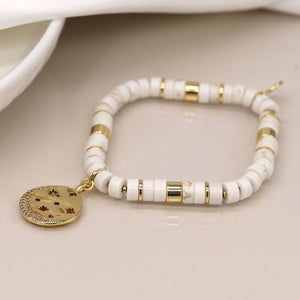 White Bead Bracelet with Golden Star Disc Charm