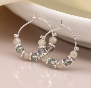 Silver Plated Wire Hoop and Blue/Grey Bead earrings