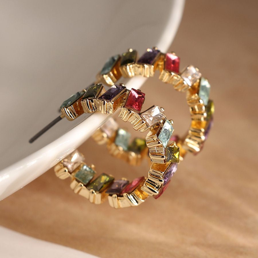 Golden Staggered Multicoloured Crystal Hoop Earrings