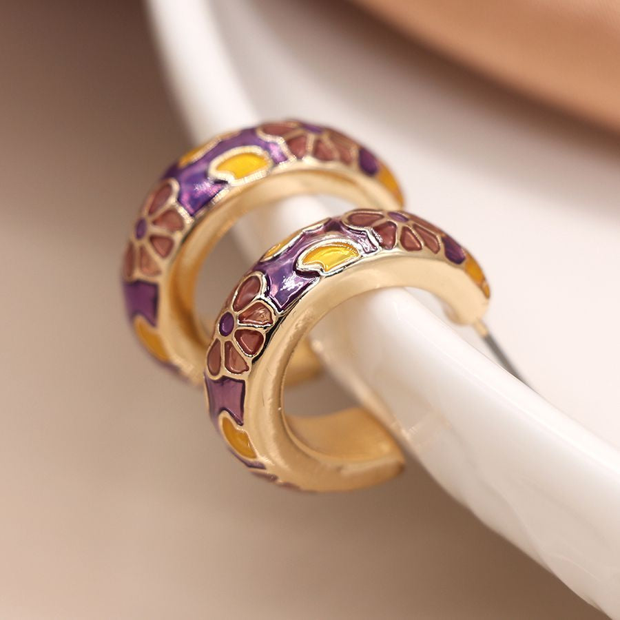 Gold and Purple Floral Enamel Hoop Earrings
