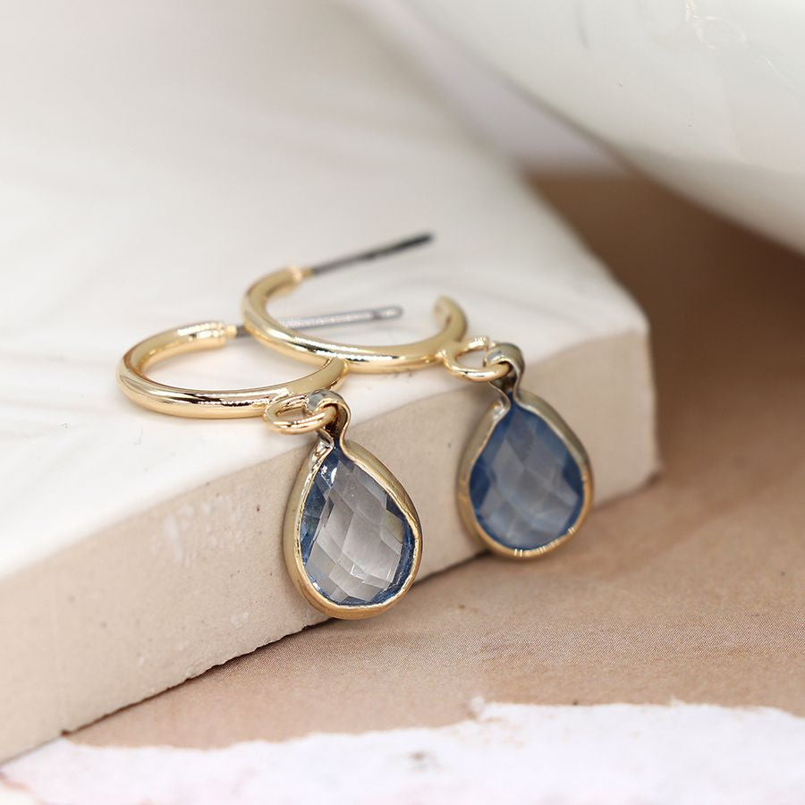 Golden Hoop and Blue Crystal Drop Earrings