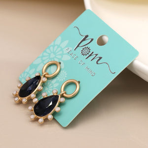 Golden Circle and Deep Blue Crystal Teardrop Earrings