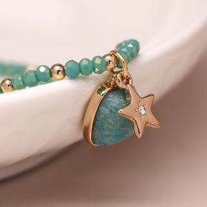 Sea Green and Golden Charm Bracelet with Star and Stone