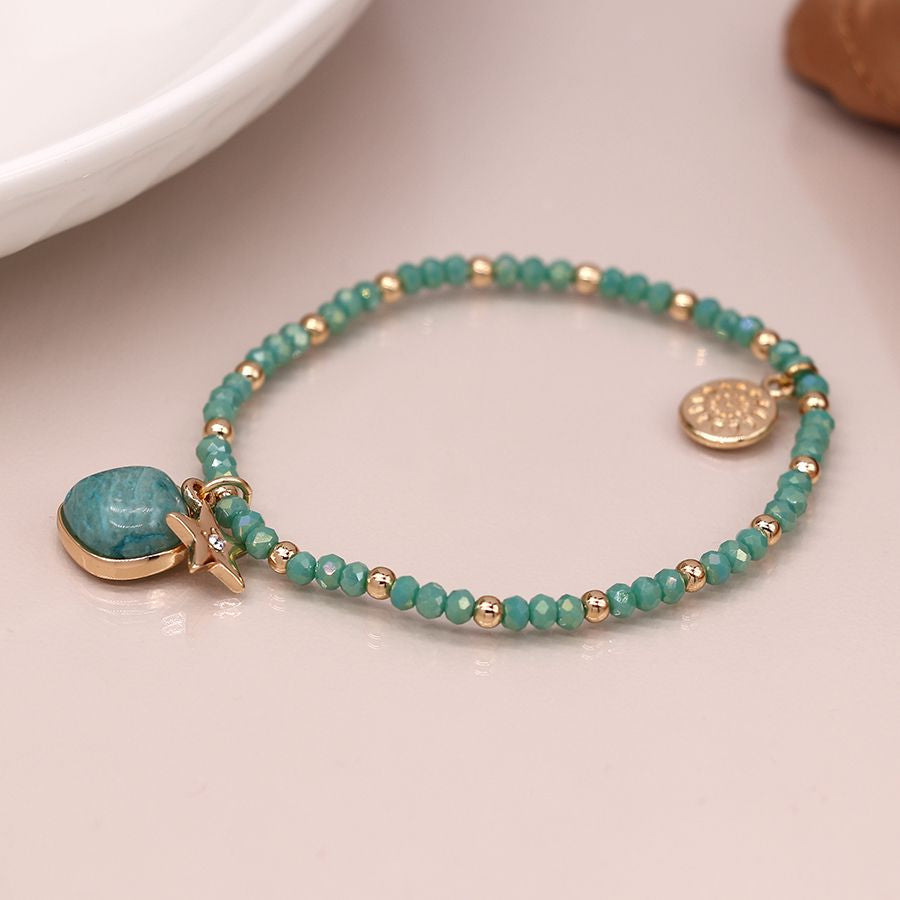 Sea Green and Golden Charm Bracelet with Star and Stone