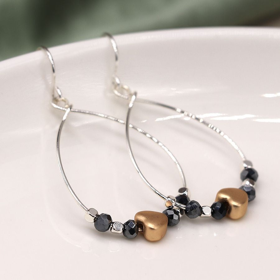 Silver Plated Wire Teardrop Earrings with Gold Heart and Beads