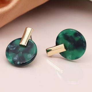 Malachite Green Resin Disc Earrings with Golden Top