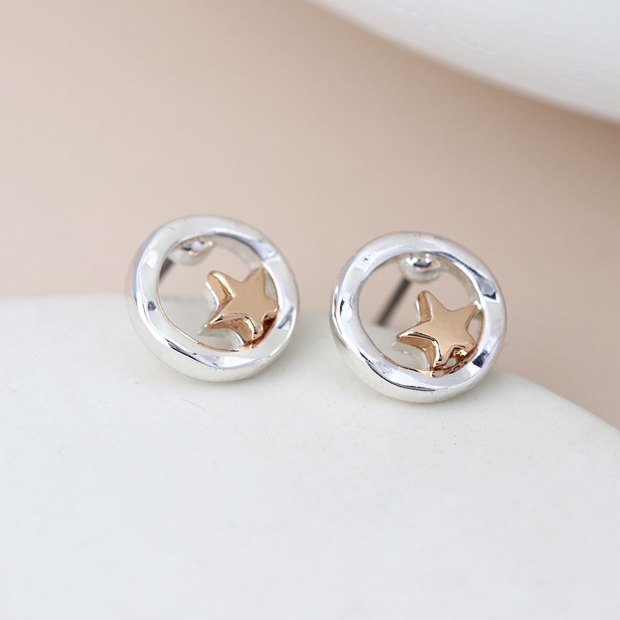 Pom - Silver Plated Beaten Disc Rose Gold Star Earrings