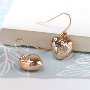 Pom - Rose Gold Plated Hammered Heart Drop Earrings