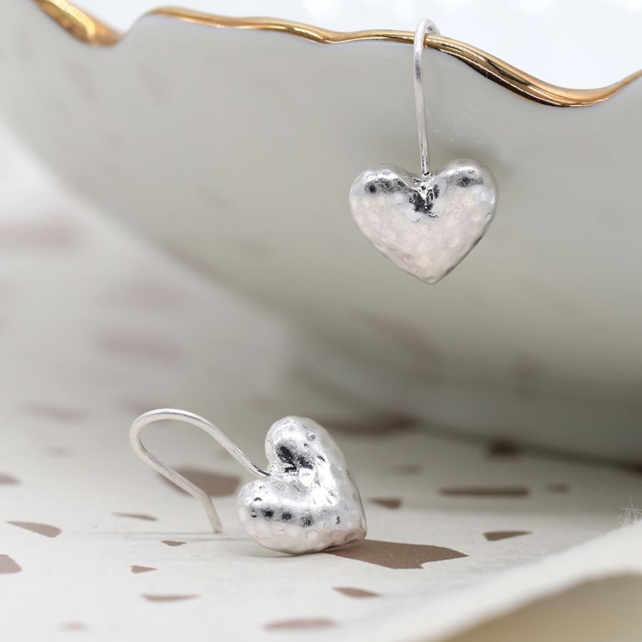 Pom - Silver Plated Hammered Heart on Hook Earrings