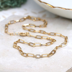 Pom - Golden Paper Chain Link Necklace with Faceted Crystal