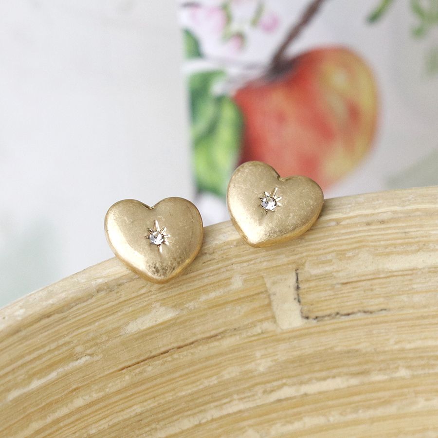 Pom - Golden Worn Heart and Crystal Earrings