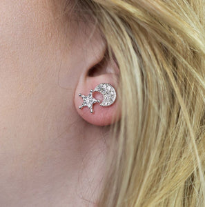 Pom - Silver Plated Matched Crystal Star and Moon Earrings