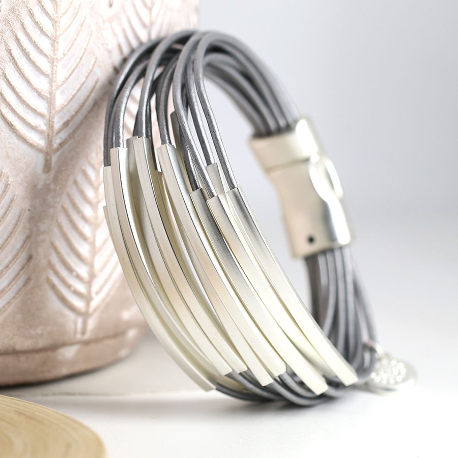 Pom - Grey Multi Strand and Silver Bars Bracelet