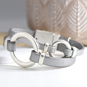 Pom - Metallic grey leather double strand and silver hoops bracelet