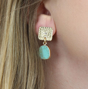 Pom - Golden Embossed Square and Turquoise Drop Earrings