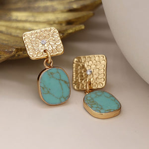 Pom - Golden Embossed Square and Turquoise Drop Earrings