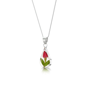 Sterling silver teardrop pendant necklace with a real miniature rose.  FJ14