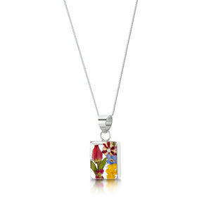 Sterling silver rectangle pendant necklace with real flowers including miniature rose & forget-me-nots. FJ20